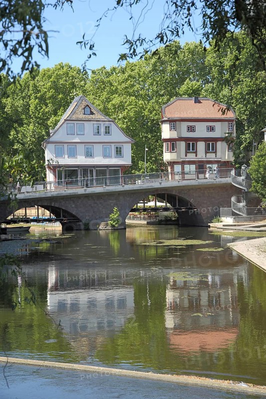 Historic bridge houses on the bridge over the Nahe, river, Bad Kreuznach, Rhineland-Palatinate, Germany, Europe