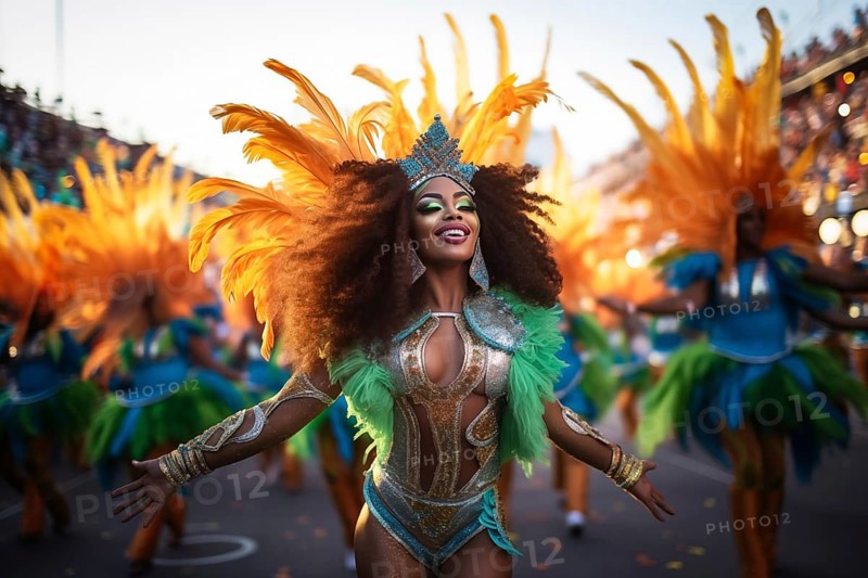 Captivating image capturing the essence of the Rio Carnival, showcasing a dancer adorned in an elaborate, vibrant costume, embodying the spirit and energy of this iconic festival, AI generated