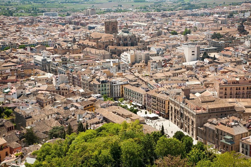 View of city centre and historic Moorish buildings in the Albaicin district of Granada, Spain seen from the Alhambra