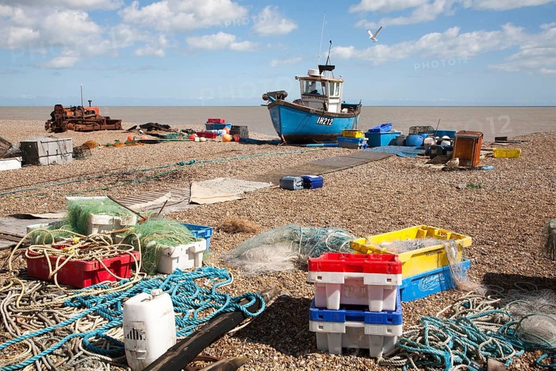 Fishing boats and equipment on the beach at Aldeburgh, Suffolk, England, United Kingdom, Europe
