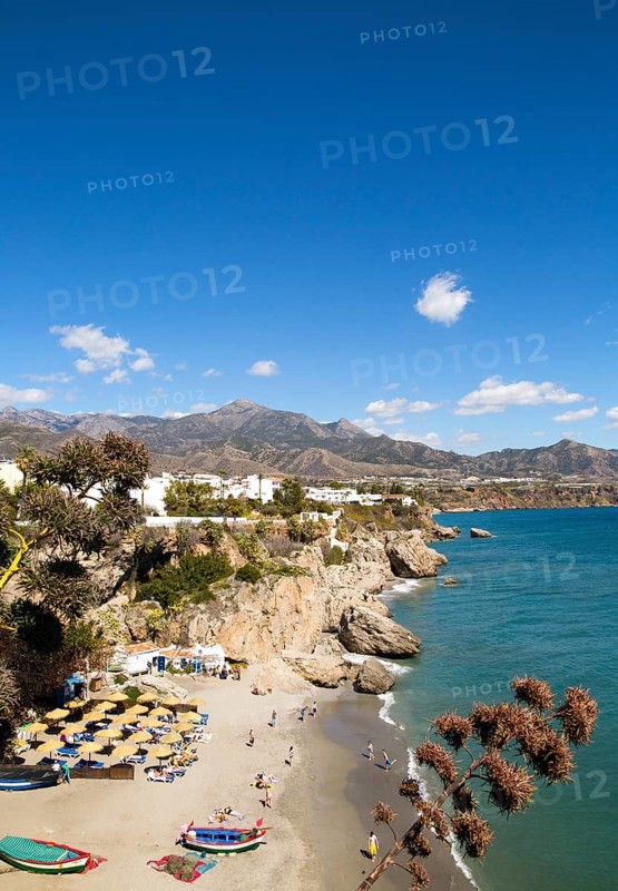 Playa Calahonda sandy beach at popular holiday resort town of Nerja, Malaga province, Spain, Europe