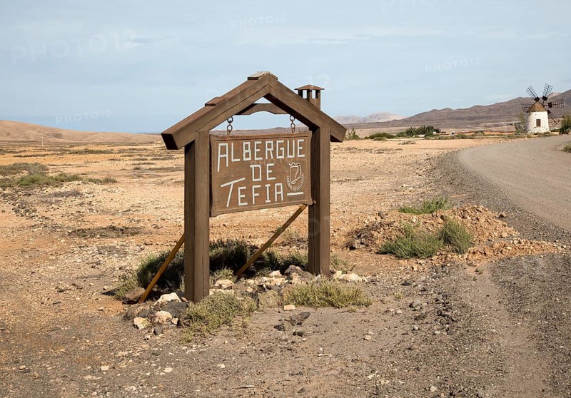 Sign for Albergue de Tefia, Fuerteventura, Canary Islands, Spain, Europe