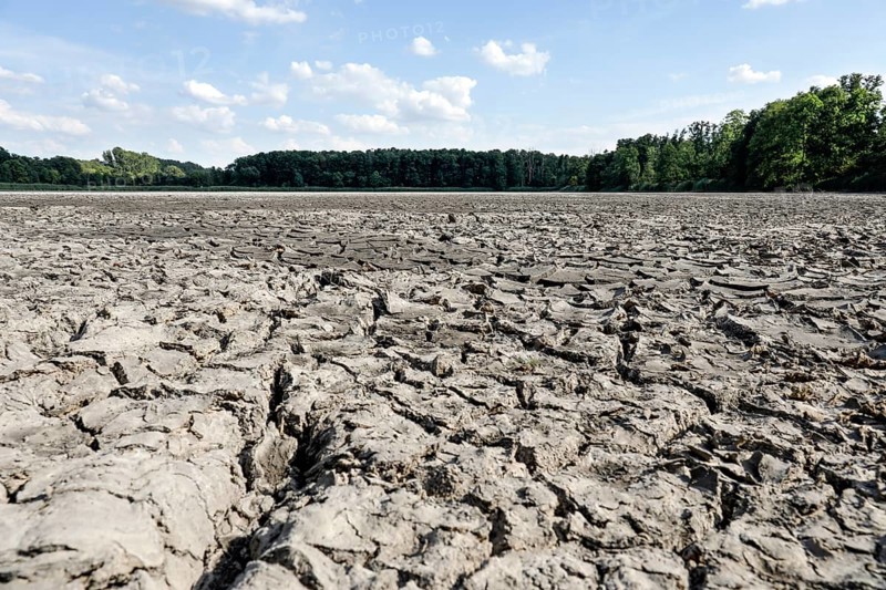 The bottom of a dried-up fish pond in Reckahn in Brandenburg looks like parched desert soil. The Plane, a river that usually fills the fish ponds with water, is dry and no longer carries any water, Reckahn, 09/08/2022