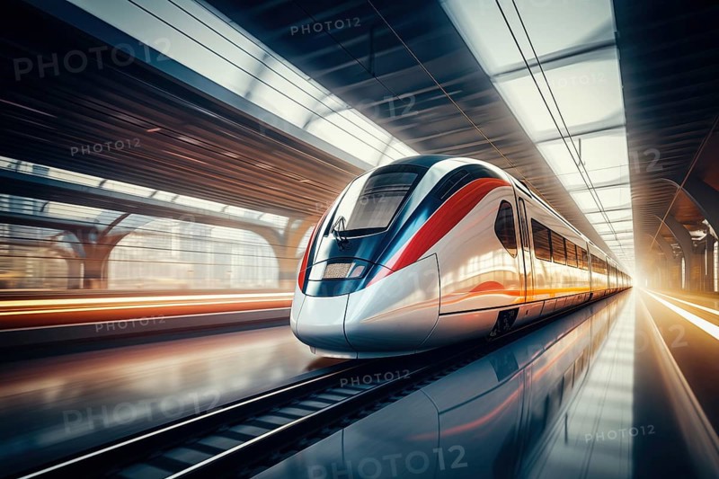 Modern high speed train in a futuristic train station. Modern transportation technology, speed, travel concepts. Railroad with motion blur effect Modern high speed train in a futuristic train station. Railroad with motion blur effect, AI generated
