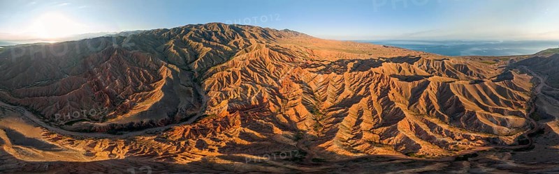Aerial view, eroded mountain landscape, sandstone cliffs, canyon with red and orange rock formations, Farytale Canyon Skazka, Issyk Kul, Kyrgyzstan, Asia