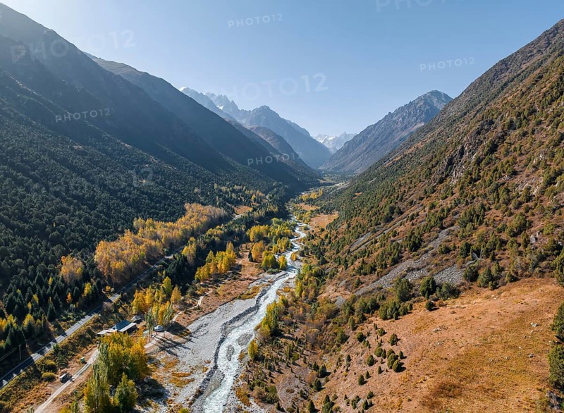 Aerial view, mountain stream Ala Archa flows through the Ala Archa valley, autumnal mountain landscape, Ala Archa National Park, Khirgiz Ala-Too Mountains, Chuy Region, Kyrgyzstan, Asia