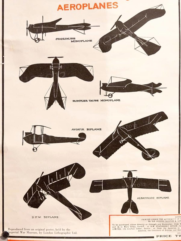 Identification poster for German army military aeroplanes of the First World War, Radstock museum, Somerset, England, UK