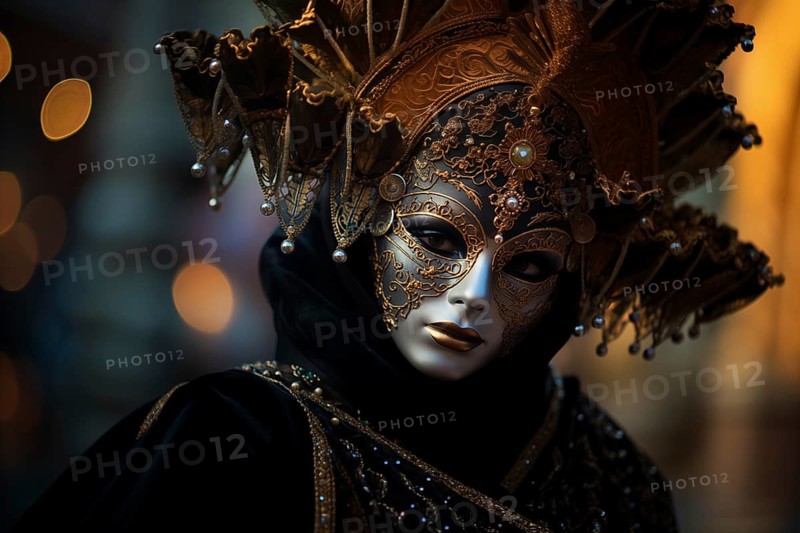 A person adorned in a richly detailed mask and costume, capturing the essence of the Venice Carnival s grandeur and mystery, AI generated