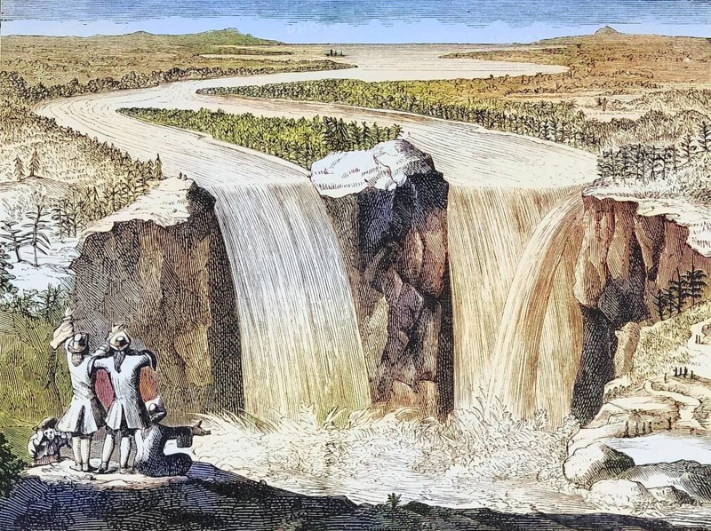 Copy of Father Hennepin's 1677 sketch of Niagara Falls, redrawn in the 1870s. From American Pictures Drawn With Pen And Pencil by Rev Samuel Manning c. 1880, United States, America, Historic, digitally restored reproduction from a 19th century original, Record date not stated, North America