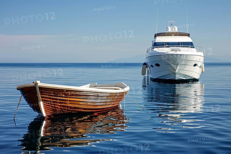 Concept for economic and social inequality showing small poor wooden fishing boat and luxury yacht in background. Generative Ai, AI generated