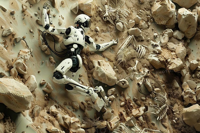 Robot fallen among small particles of waste, pieces of eroded rocks, remains of animal skeletons and sediment at the bottom of deep sea water, AI generated