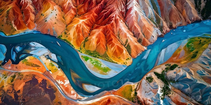 Aerial view perpendicular top down of an abstract colorful river along the coastline, AI generated