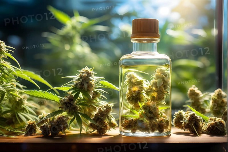 Glass jar filled with dried cannabis buds and oil on a weathered wooden counter, AI generated