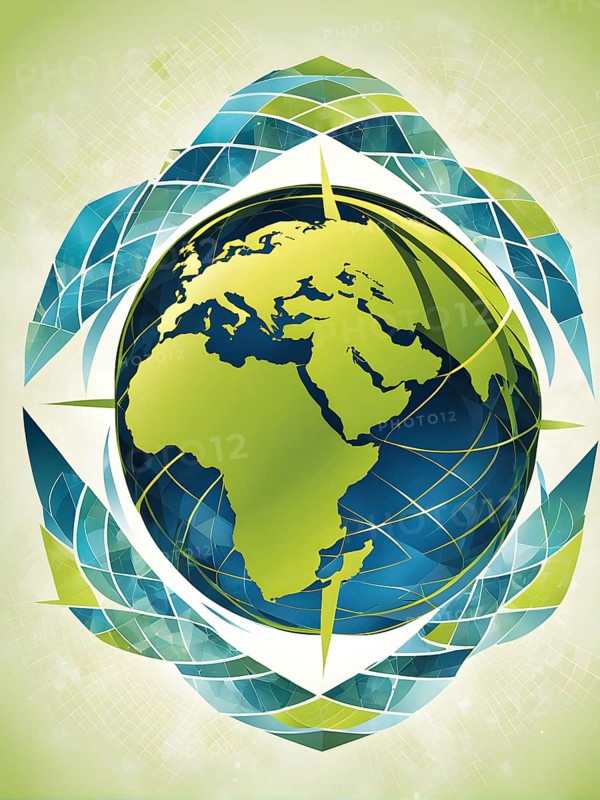 Illustration of a globe composed of triangular solar panels and swirling wind patterns, symbolizing global renewable energy, AI generated