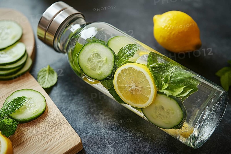 Bottle with cucumber and lemon slices and mint detox drink. Generative Ai, AI generated