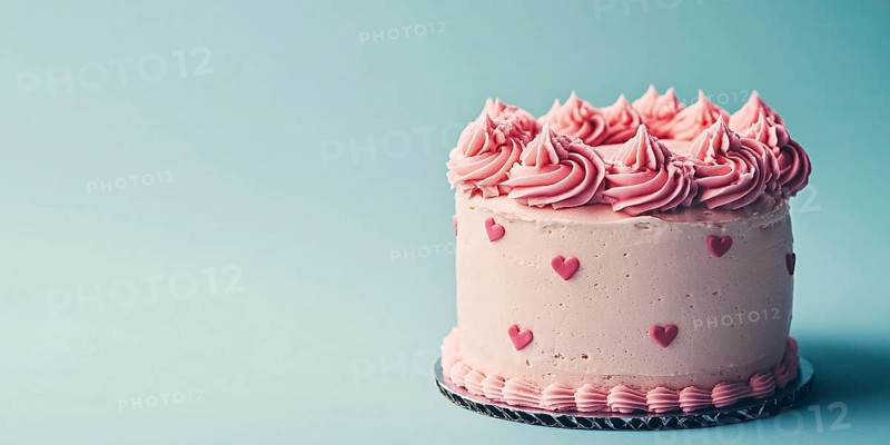Pink cream cake with hearts on pastel blue background with copy space. Generative Ai, AI generated