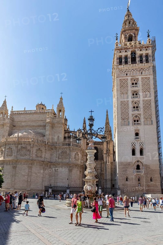 Gothic cathedral with high tower and lively square on a sunny day, Seville