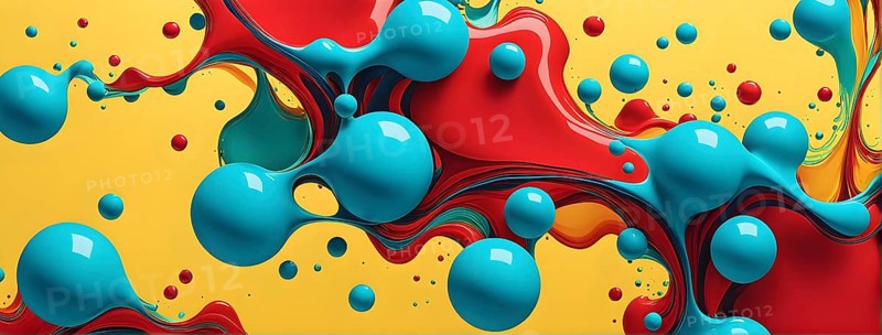 Abstract image with vibrant blue and red blobs and liquid shapes on a yellow background, AI generated