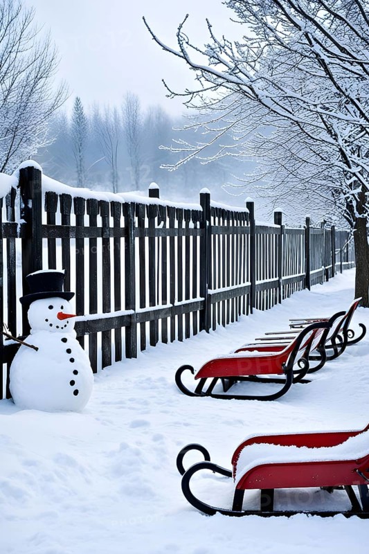 Rustic wooden sleds with frost covered branches and a snowman in the background, AI generated