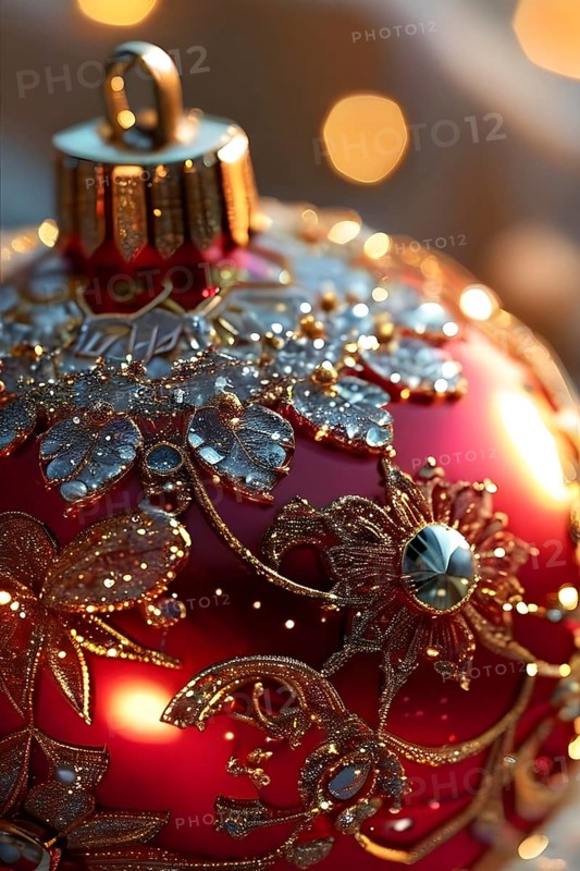 Close up of a frosted red Christmas ornament, detailed with tiny ice crystals, delicate carvings, and a soft glow, AI generated