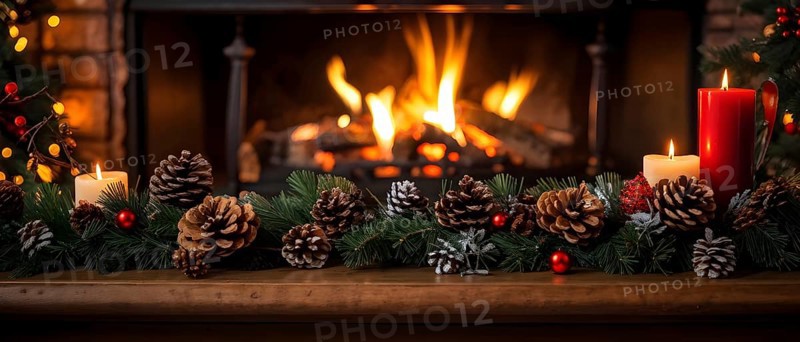 A cozy fireplace mantle decorated with pine cones, garlands, and lit candles, with a close-up focus on a burning candle flame, AI generated