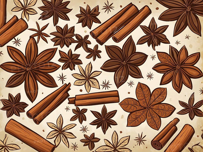 Abstract wallpaper illustration of Christmas spices like cinnamon sticks, star anise, and cloves, AI generated