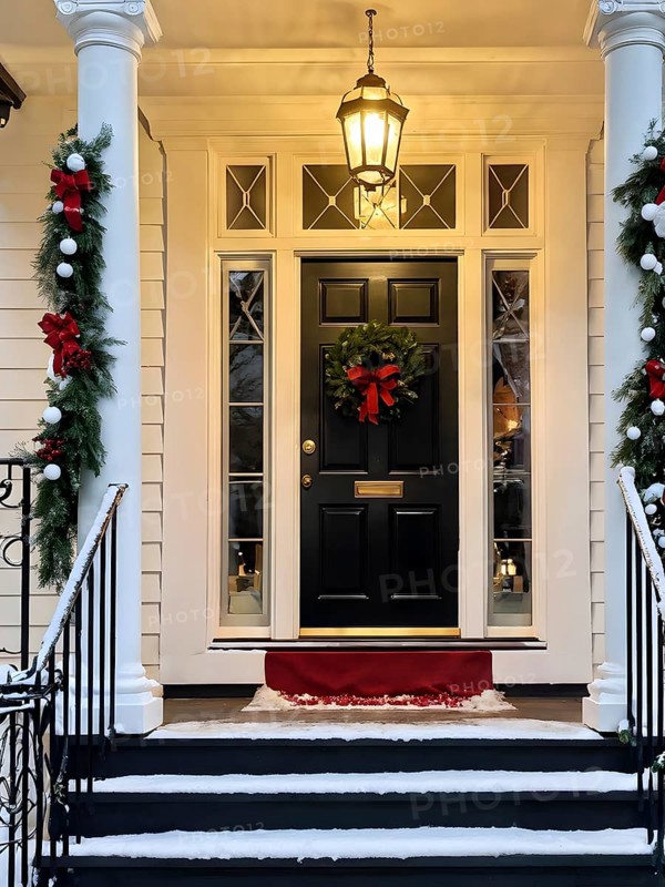 Festive front porch with holiday garlands wrapped around the columns, a wreath hanging on the door, and snow-covered steps leading up to the warmly lit entrance, AI generated