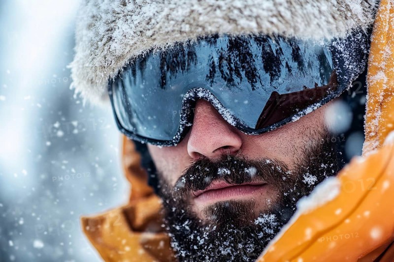 Close up of man's face with large skiing sunglasses and hat in winter. Generative Ai, AI generated