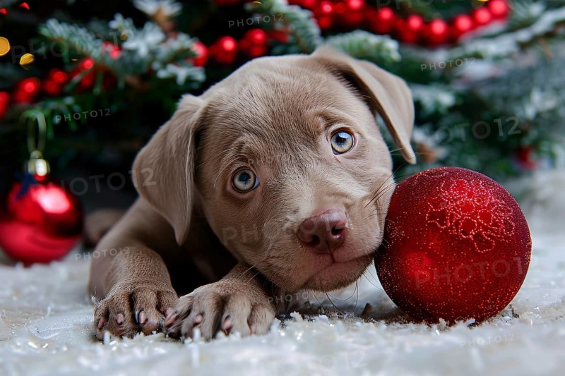 Cute dog puppy with red Christmas tree bauble. Generative AI, AI generated