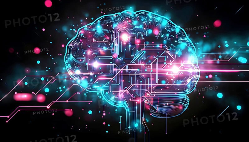 Abstract digital brain made of interconnected lines and glowing circuits in neon colors, representing artificial intelligence processing information, AI generated