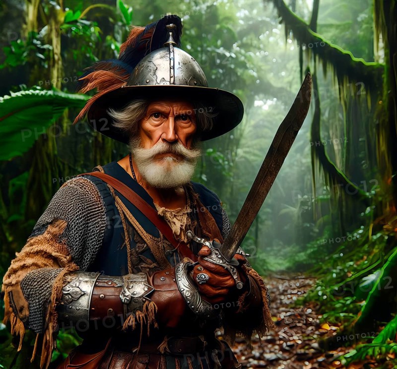 Spanish conquistador in the jungle, in the rainforest of South America to enslave and destroy the indigenous natives, AI generated, AI generated