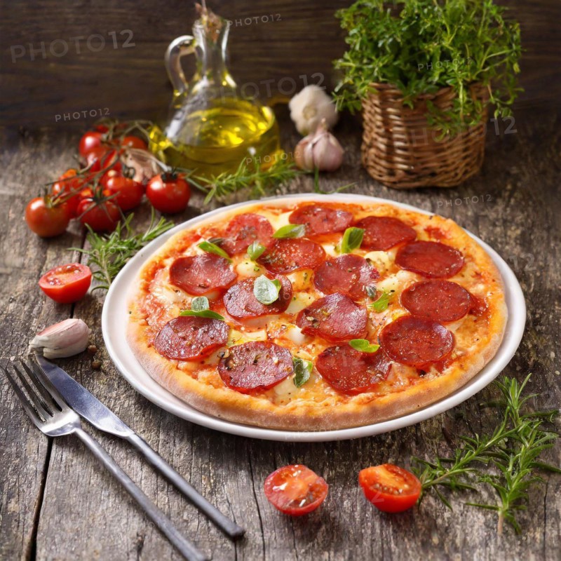 Food, a ready-made pizza with salami, AI generated, AI generated