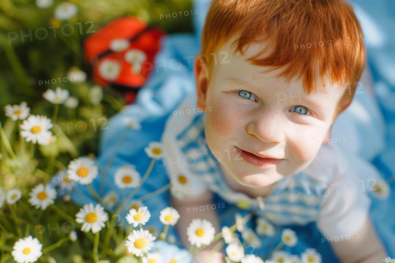 Toddler, boy, young, fair-skinned with red hair and freckles is exposed to sunlight without protection, health risk, possible late effects, risk of skin cancer due to intense UV radiation that can cause sunburn, AI generated, AI generated, AI generated