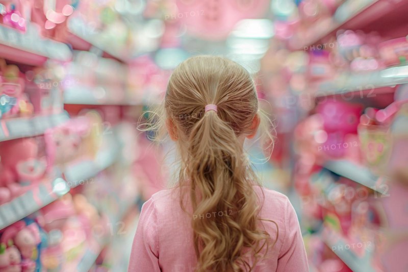 Back view of female girl child in toy shop full of stereotypical pink toys. KI generiert, generiert, AI generated