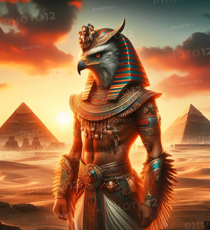 Portrait of the Egyptian god Horus with a falcon head, son of Isis and Osiris, in front of the pyramids, symbolic image mythology in ancient Egypt, gods, pharaoh, falcon god, AI generated, AI generated