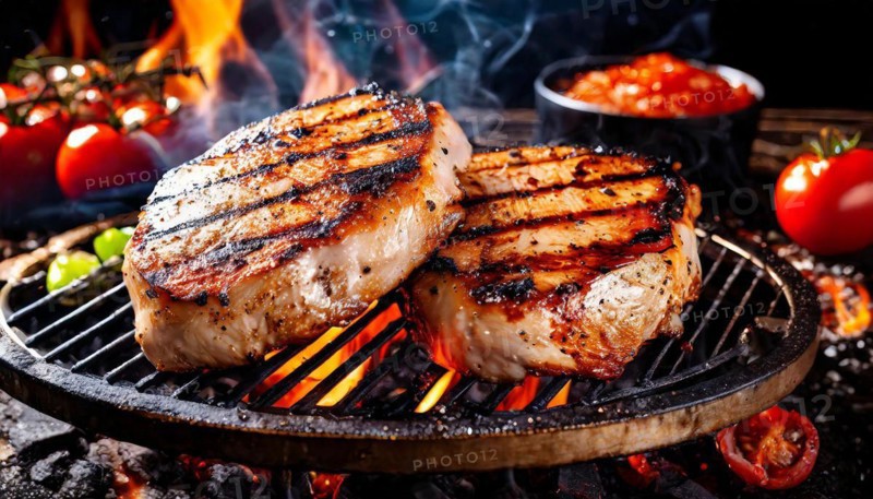 Food, dishes, two turkey steaks on a charcoal grill with glowing charcoal, AI generated, AI generated