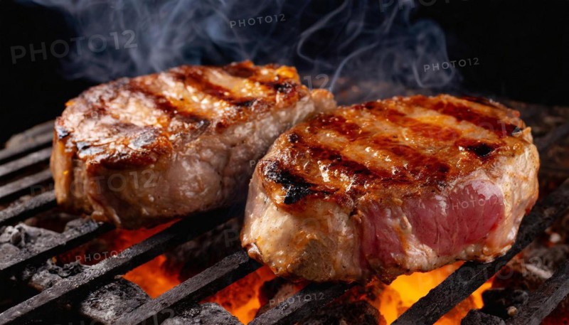 Food, dishes, two pork steaks on a charcoal grill with glowing charcoal, KI generated, AI generated