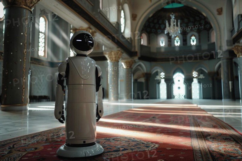 A humanoid in a mosque, vision of the future, science fiction, AI generated, AI generated, AI generated