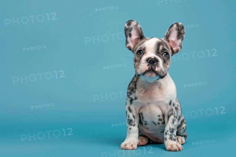 Merle French Bulldog dog puppy sitting in front of blue background. KI generiert, generiert, AI generated