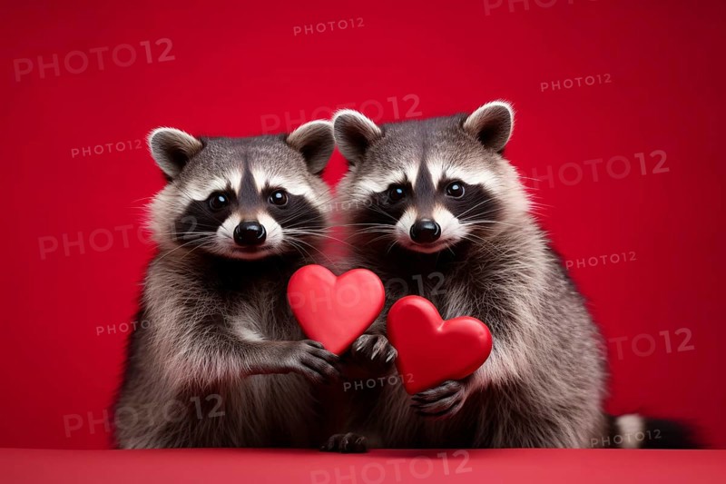 Pair of racoons holding hearts in front of red studio background. KI generiert, generiert AI generated