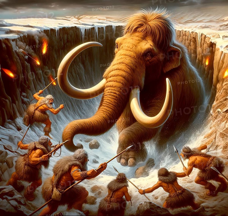 Prehistory, prehistory, mammoth hunt, a mammoth (Mammuthus) is attacked by ice age hunters in a pitfall in the prehistoric cold steppe tundra, AI generated, AI generated