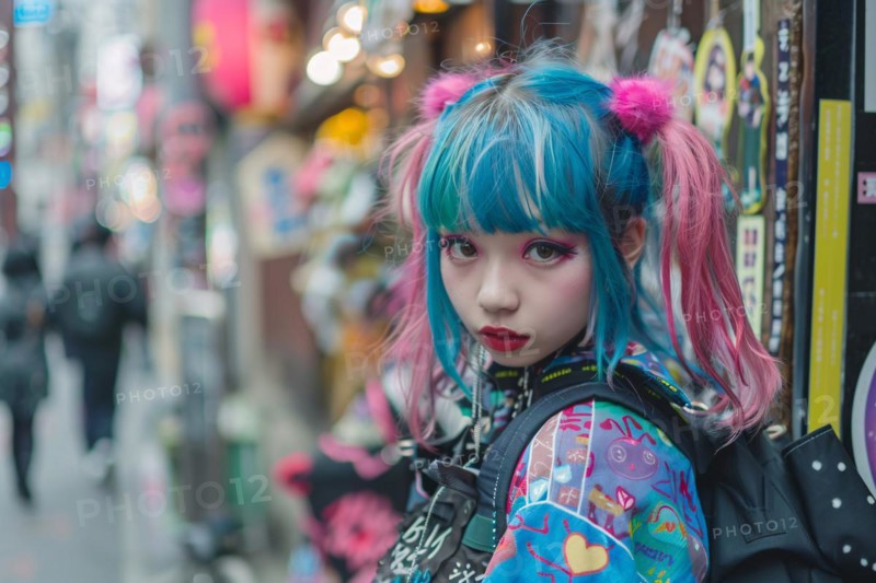 Young Asian woman with blue and pink dyed hair and bold street fashion clothing in city street. KI generiert, generiert, AI generated