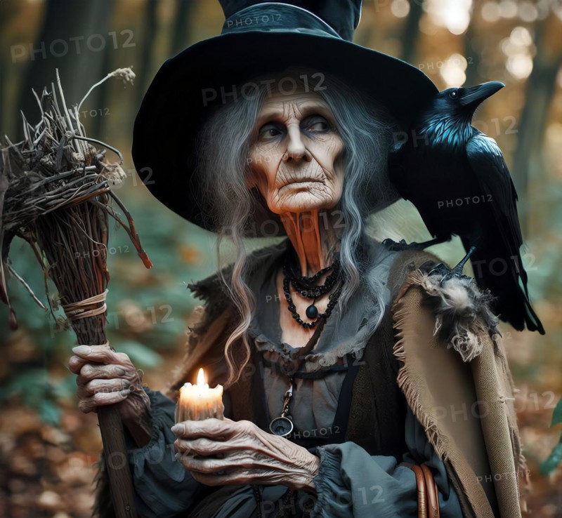 An old witch with a brushwood broom and a raven on her shoulder, symbolic image myth, mythology, fairy tale, magic, belief in witches, faith, AI generated, AI generated