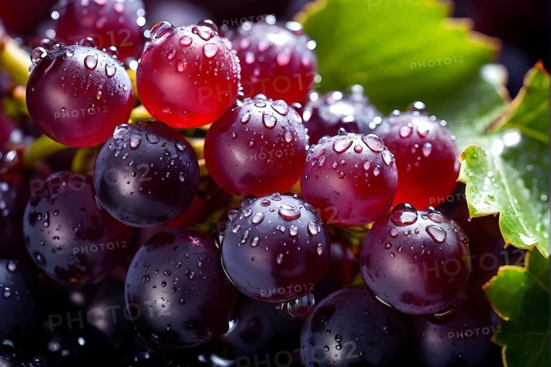 Harvest ready grape bunches with water droplets sparkling in the sunlight, AI generated