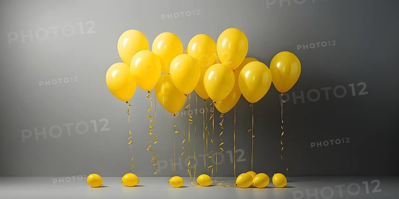 AI generated cluster of yellow helium balloons floating against a grey background