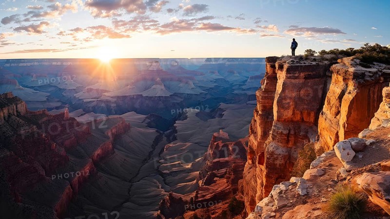 Sunrise over grand canyon in vibrant colors casting light on overhanging rock formations, AI generated