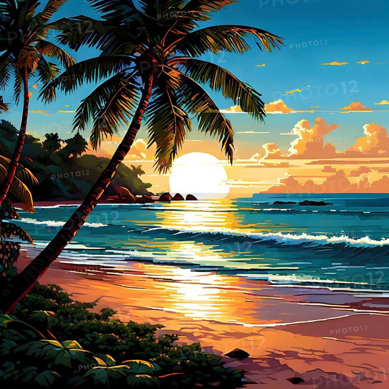 Pixel art illustration of a tropical island paradise with palm trees and sandy beach, AI generated