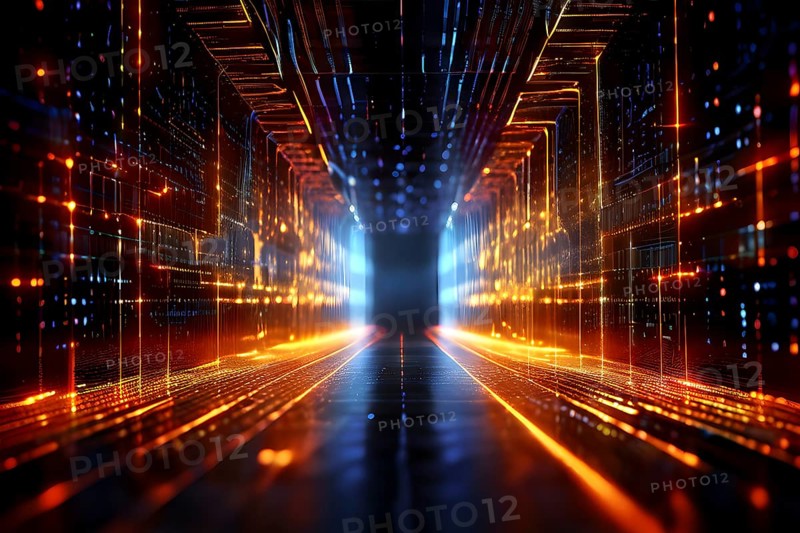 Digital data tunnel streaming with cascading binary code, AI generated