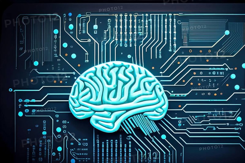 Human brain, connected to circuits of a computer board, symbol artificial intelligence, AI generated, AI generated