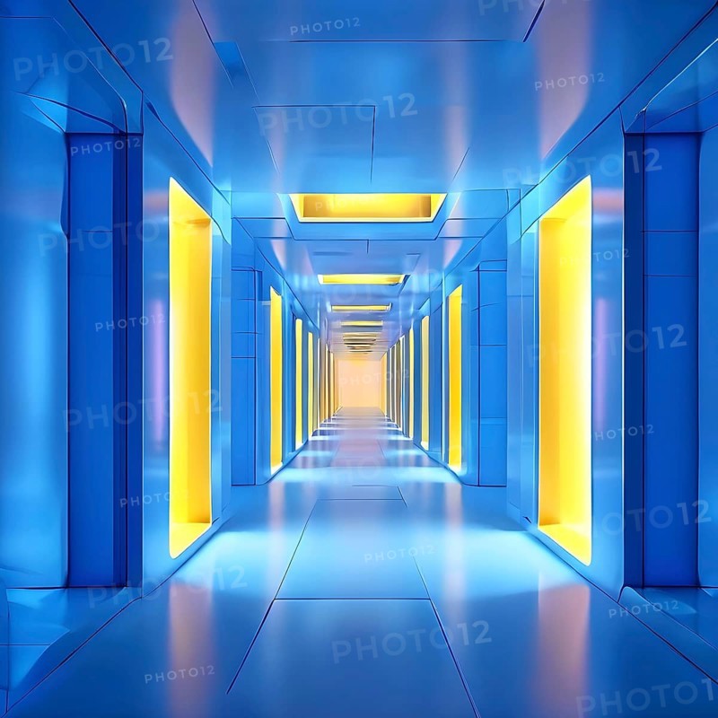 Windows aligned within an elongated tunnel permeated with gradients of blue and yellow hues, AI generated